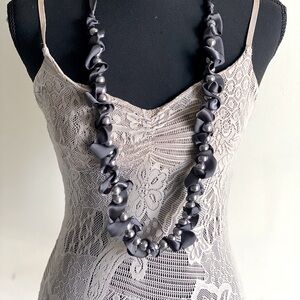 Women’s long beaded necklace silver stones with dark gray fabric event necklace